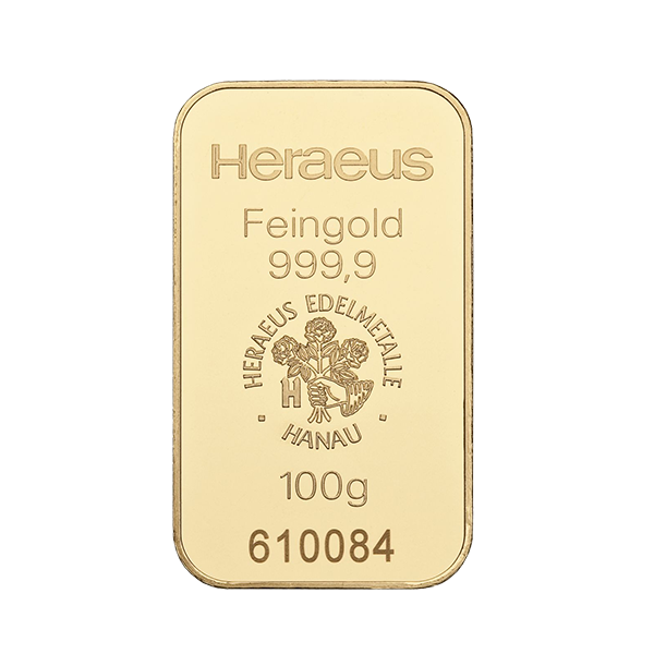 Goudbaar 100 gram Heraeus 