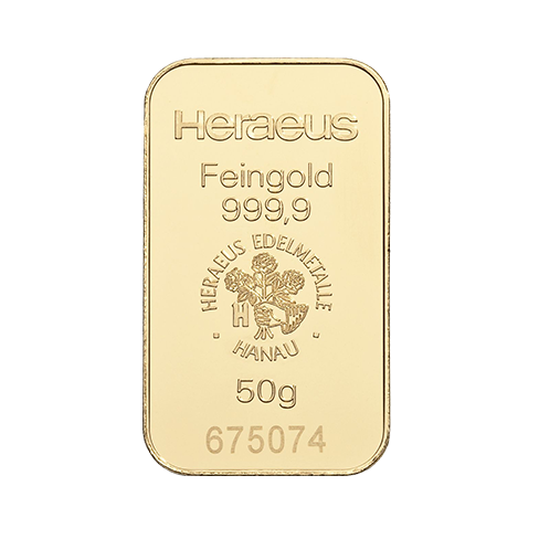 Goudbaar 50 gram Heraeus 