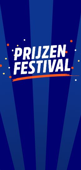 A promotional banner with the text 'Prijzen Festival' on a blue background with orange and white accents.