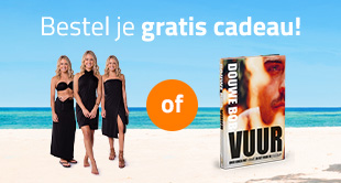 Drie vrouwen in een jurk van LaDress staan naast boek "Vuur" van Douwe Bob. Tekst: "Bestel je gratis cadeau! of".