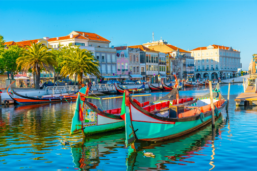 Aveiro in Portugal met kleurrijke moliceiroboten op het kanaal, omringd door historische gebouwen en bruggen in het centrum.