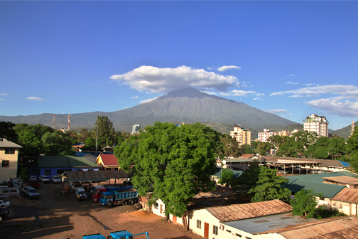 Arusha met lage gebouwen en groene bomen op de voorgrond, met een grote kegelvormige vulkaan onder een blauwe lucht met enkele wolken op de achtergrond.