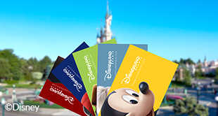 Disneyland Paris tickets tonen Mickey en vrienden, voor kasteel in zonnig park.