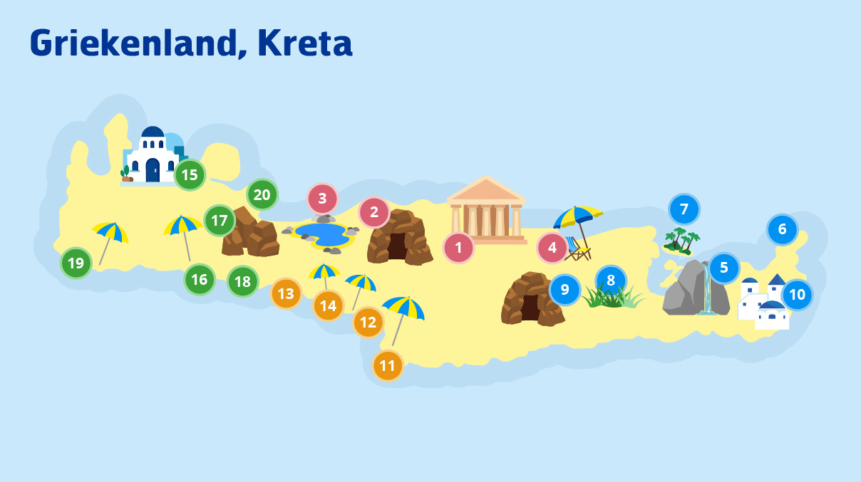 Wat te doen op Kreta: informatief kaartje met 20 bestemmingen die terugkomen in de tekst uitgelicht