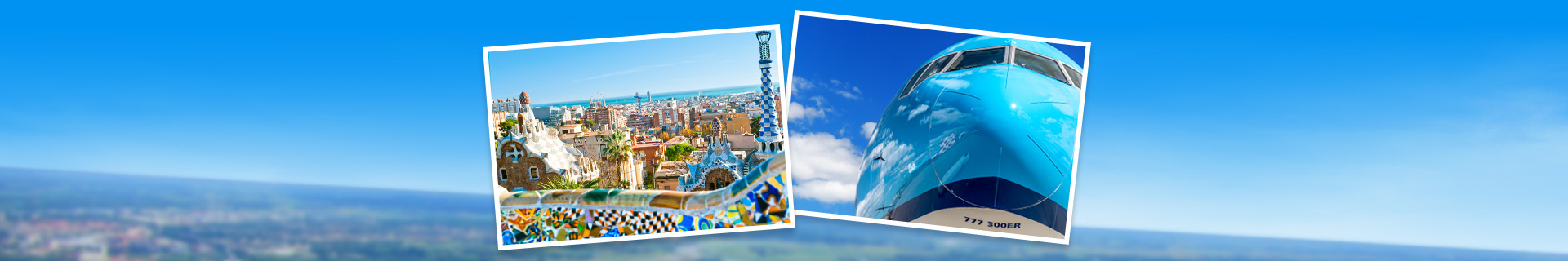 KLM vliegtuig en Parc Guell in Barcelona