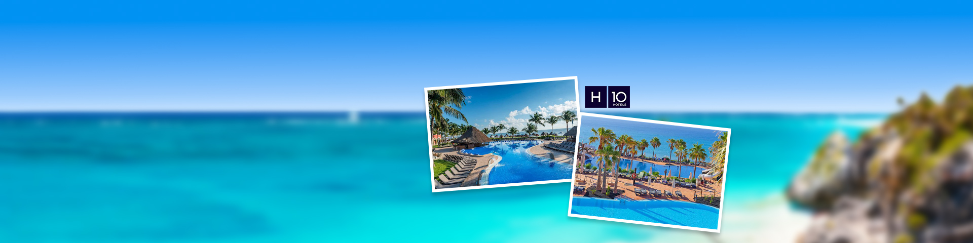 Uitzicht op het hotelgebouw van hotelketen H10, het zwembad en de zee